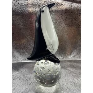 Murano Style Hand Blown Glass Penguin 7.5” Heavy Paperweight Glass Ball Bottom